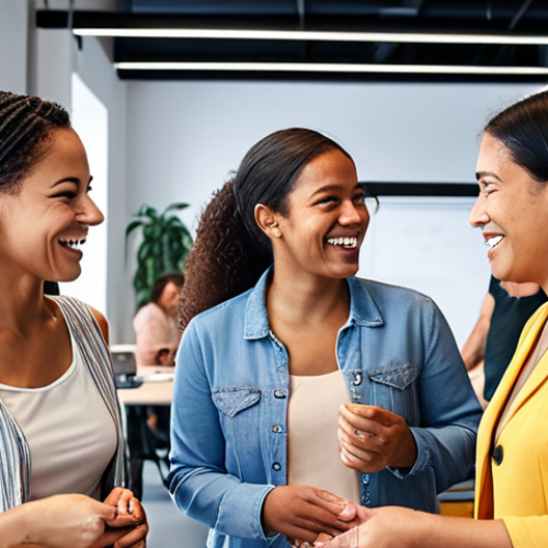 Home 14 **Diverse group of people from various backgrounds interacting respectfully in a modern co-working space.** Emphasis on positive body language, smiles, and collaboration. Style: Bright, modern, and inclusive.