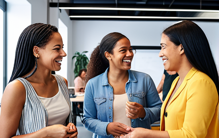**Diverse group of people from various backgrounds interacting respectfully in a modern co-working space.** Emphasis on positive body language, smiles, and collaboration. Style: Bright, modern, and inclusive.