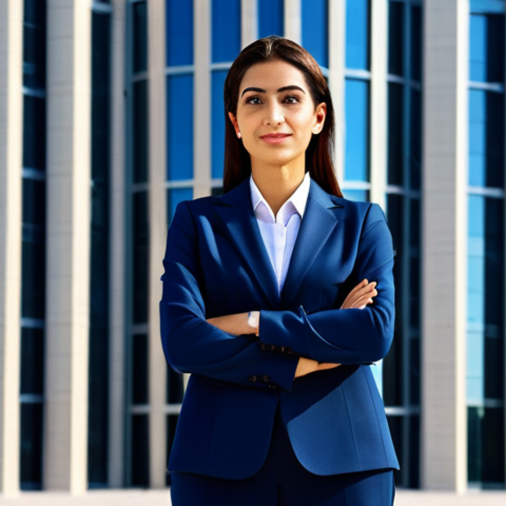 **

"A professional businesswoman in a modest, navy blue business suit, standing confidently in front of a modern glass office building in Dubai, United Arab Emirates. She is fully clothed in appropriate attire. The image should convey professionalism and success. Safe for work, perfect anatomy, correct proportions, natural pose, professional photography, high quality."

**