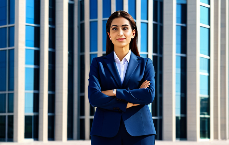**
"A professional businesswoman in a modest, navy blue business suit, standing confidently in front of a modern glass office building in Dubai, United Arab Emirates. She is fully clothed in appropriate attire. The image should convey professionalism and success. Safe for work, perfect anatomy, correct proportions, natural pose, professional photography, high quality."
**