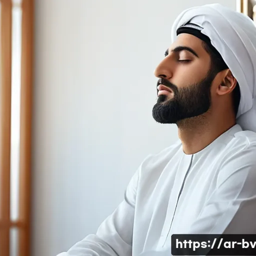 감정적 지능을 활용한 대화법 - A thoughtful Middle Eastern man in his early 30s sitting calmly in a modern office setting, eyes clo...