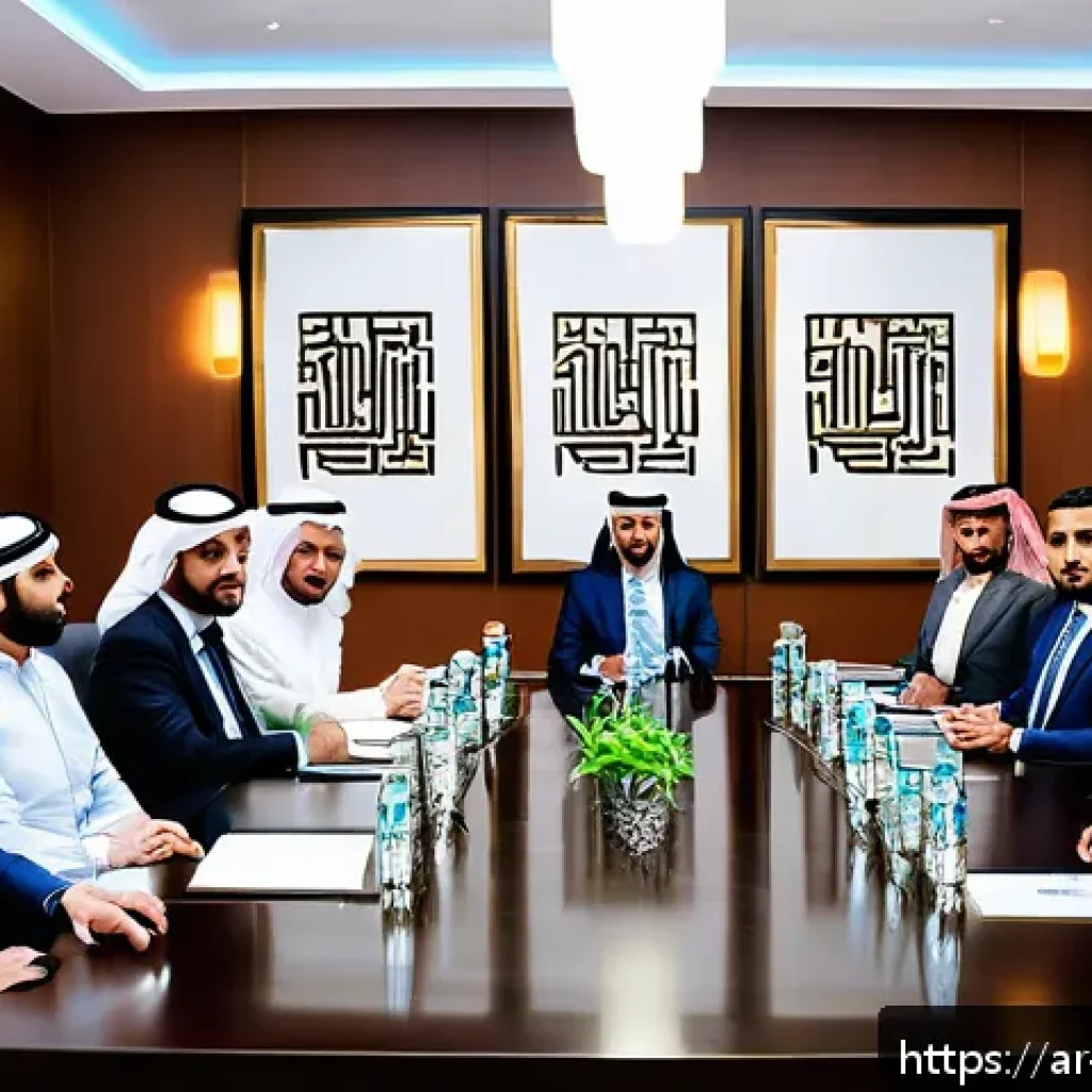 소통에서의 유연성 유지하기 - A professional Middle Eastern office setting featuring a diverse group of Arab men and women engaged...