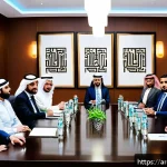 소통에서의 유연성 유지하기 - A professional Middle Eastern office setting featuring a diverse group of Arab men and women engaged...