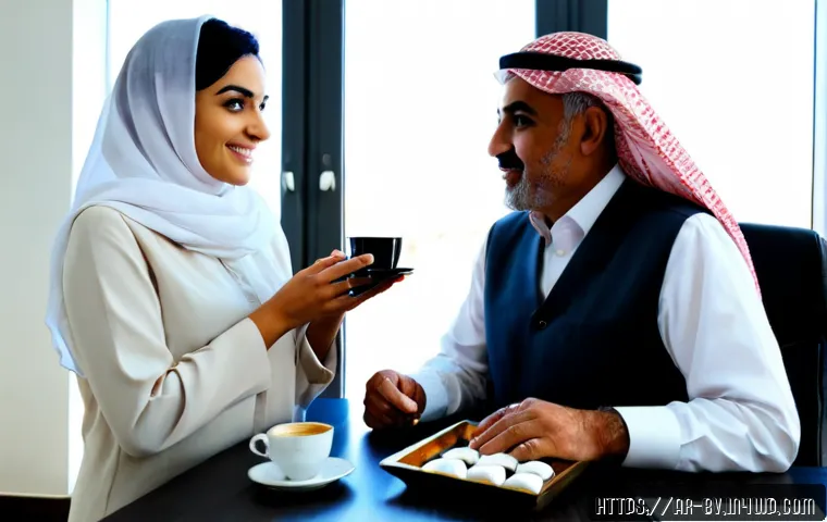 신뢰를 얻기 위한 커뮤니케이션 기술 - Photorealistic scene of an Arab businesswoman in modest professional attire speaking attentively wit...